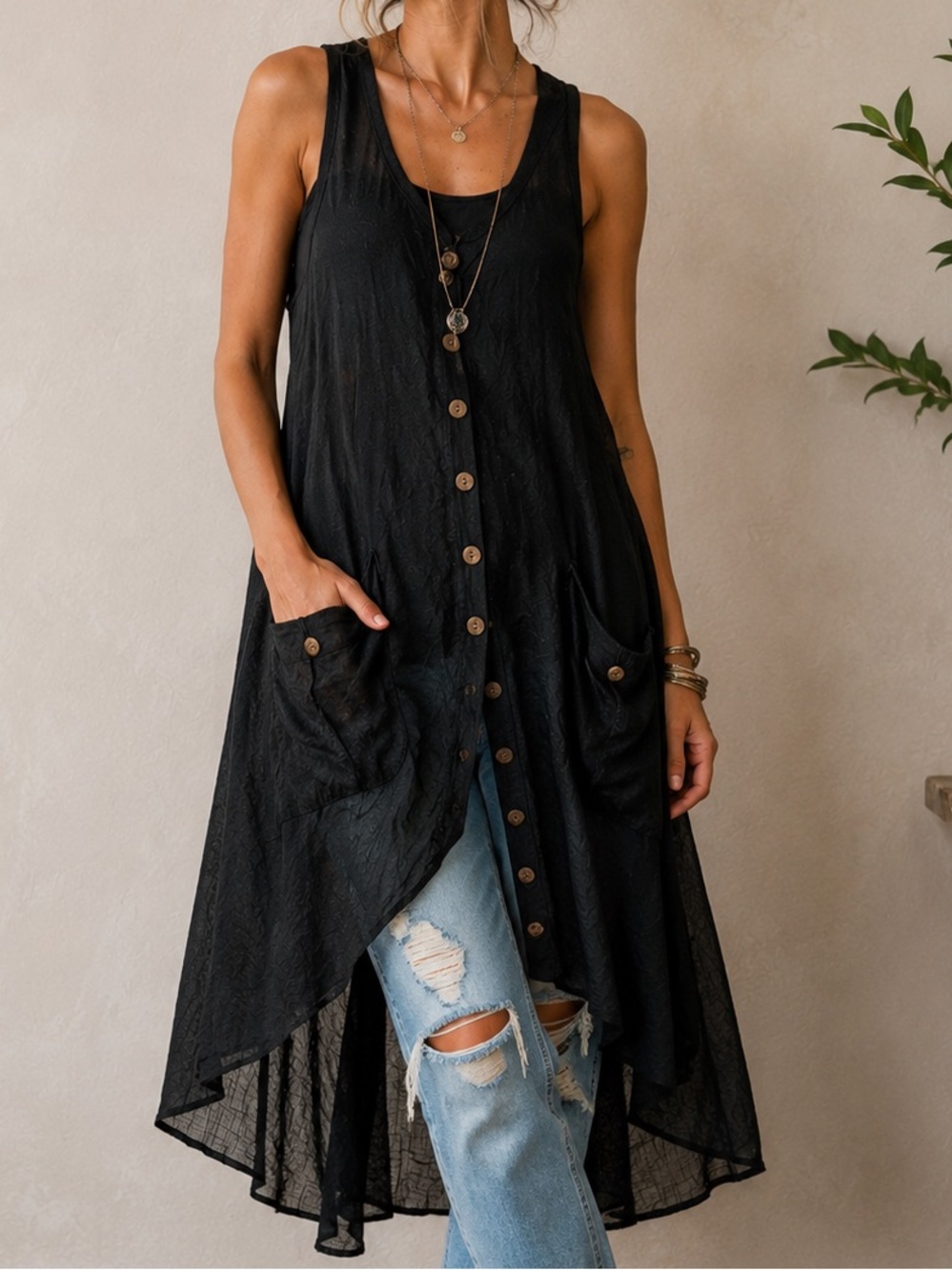 Dasayo Black Crinkle Button Front Tunic Top Boho Lagenlook One Size